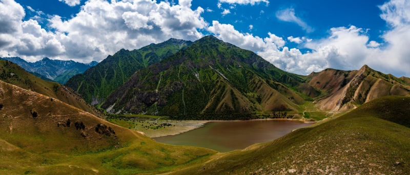 Panorama of mountains and lake in Kyrgyzstan