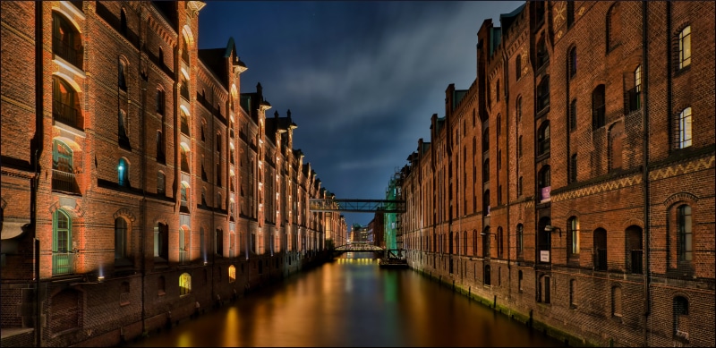 Warehouse district canal in Hamburg, Germany at night