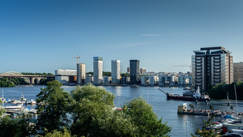 Stockholm cityscape with river and bridge