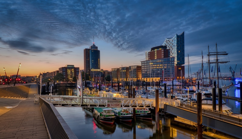Hamburg Marinas and Skyline at Dusk