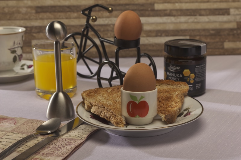 Breakfast with eggs, toast, juice, and honey