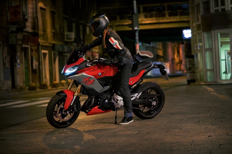 Motorcyclist on a 2020 BMW F 900 XR at Night