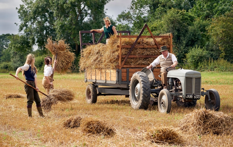 People working with hay on a tractor in a field