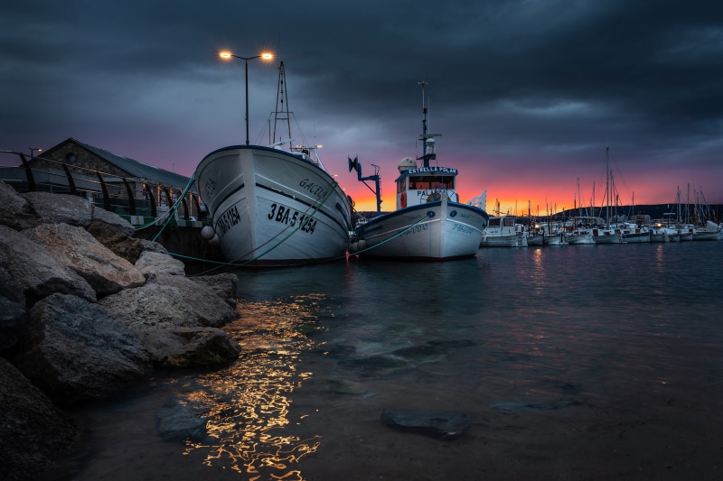 4K Palamos Spain Boats in Marina at Dusk