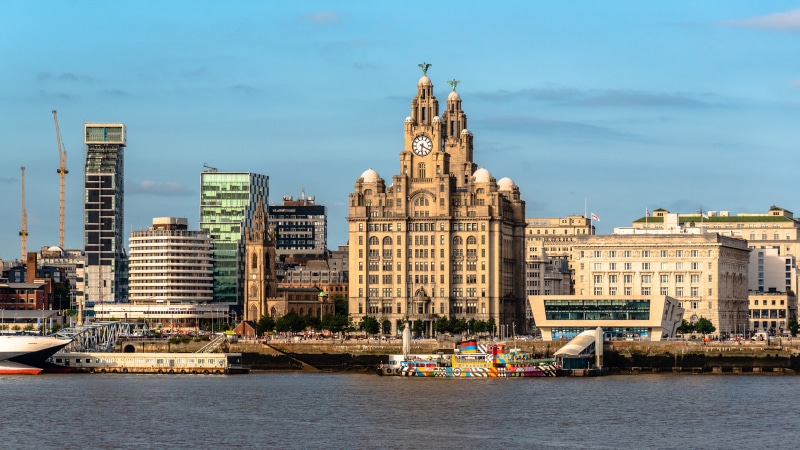 4K Liverpool England Skyline with Buildings and Boats