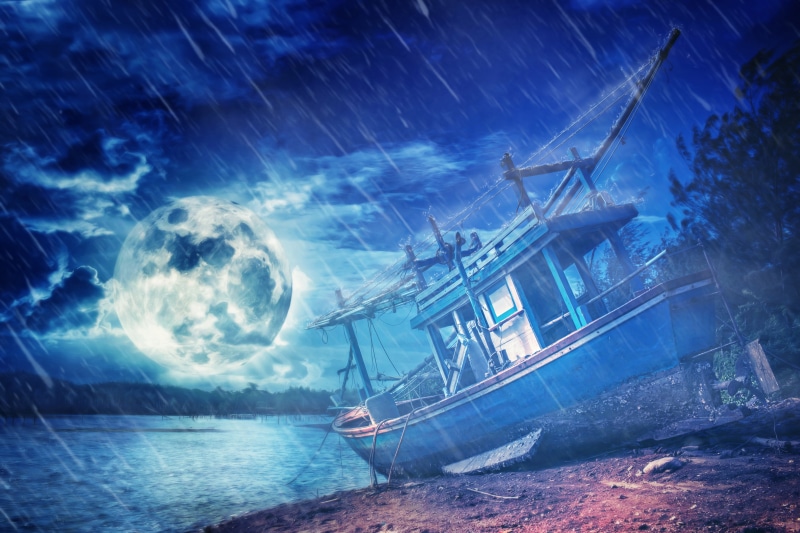 4K Riverboat on Coast at Night in Rain with Moon