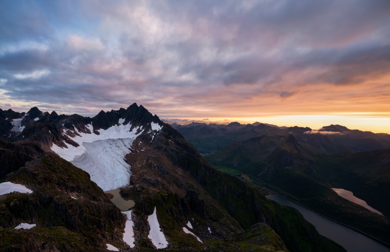 Mountains and glacier in Lofoten, Norway at sunset
