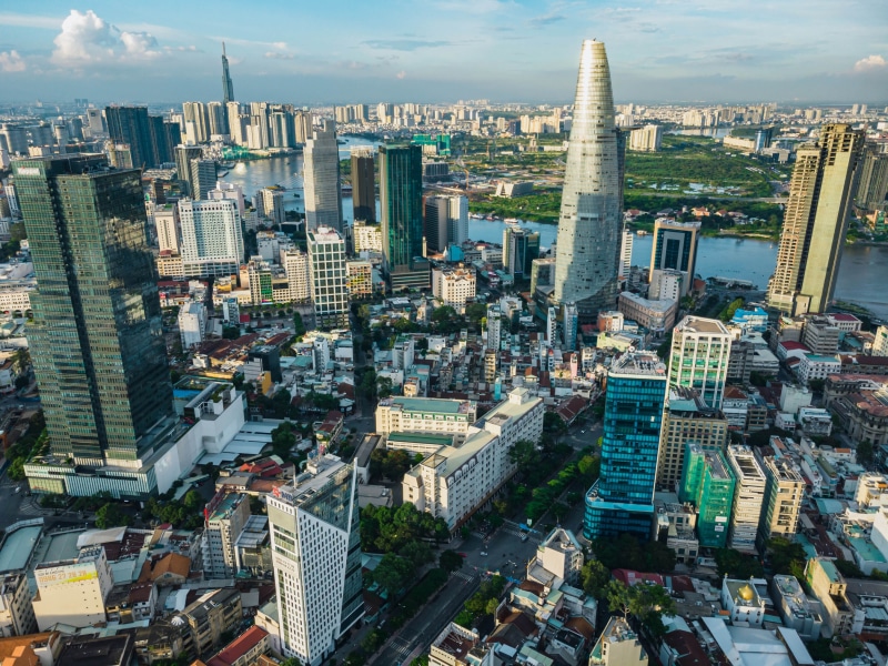 Ho Chi Minh City skyline with skyscrapers and river