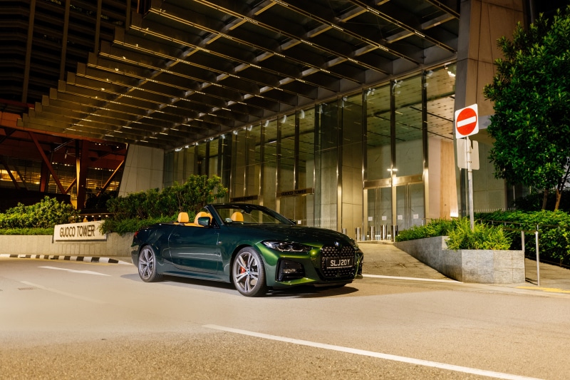 Green BMW 430i Cabrio M Sport parked at Guoco Tower