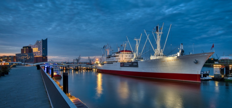 Cap San Diego ship in Hamburg harbor at dusk