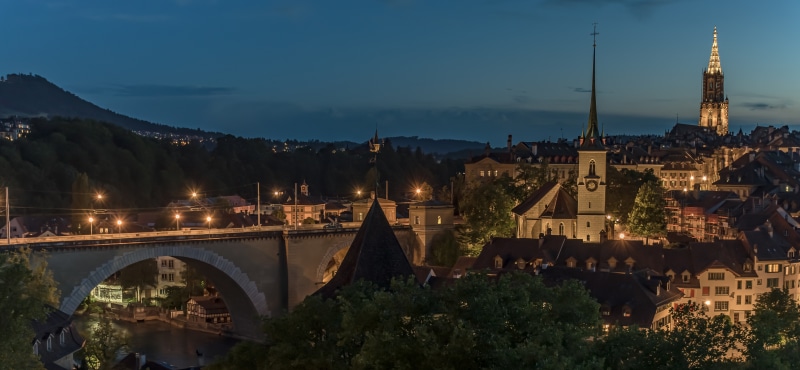 Bern, Switzerland at Dusk with Bridge and Churches
