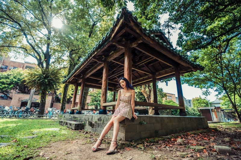 Woman in leopard print dress sitting by a gazebo