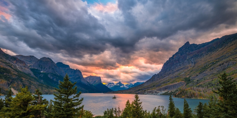 Glacier National Park Lake with Mountains and Clouds