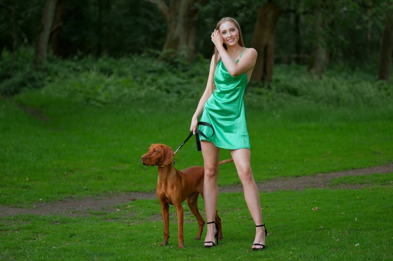 Jodie and Dog Pose in Green Dress