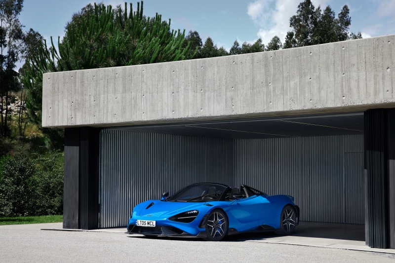 Blue McLaren 765LT Spider in a Modern Garage