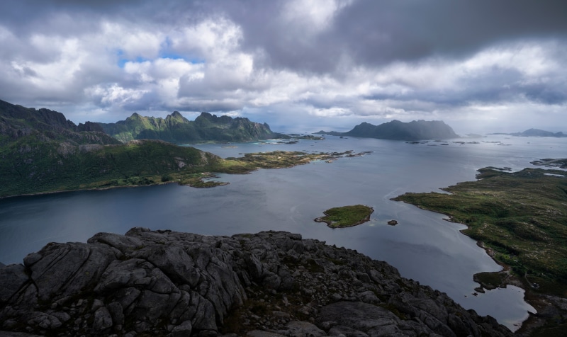 Lofoten, Norway: Mountains and Fjord under Clouds
