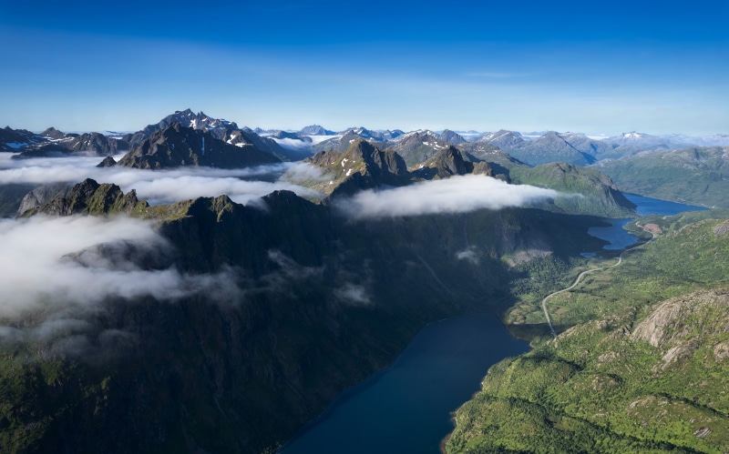 Aerial view of Ingelsfjord, Lofoten, Norway with mountains and clouds