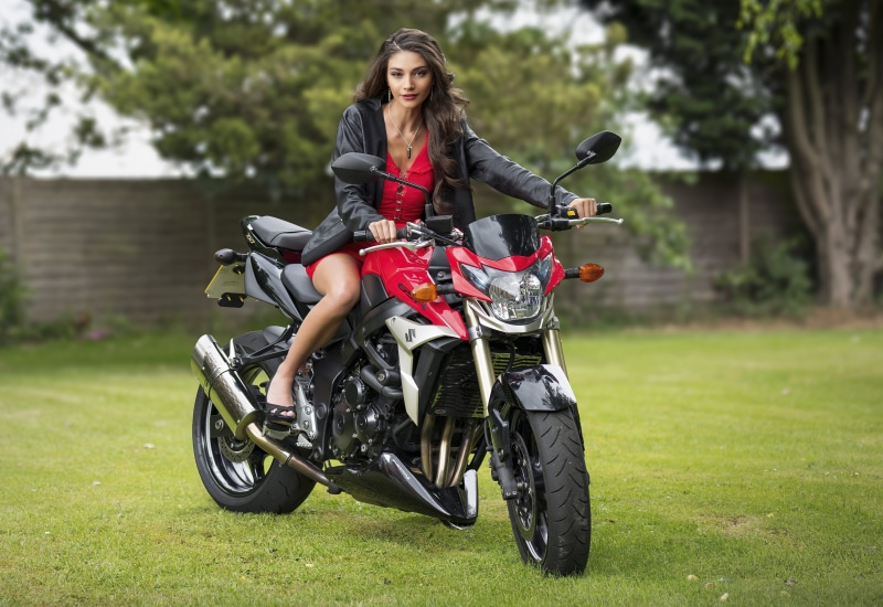 Model Elle on a Suzuki motorcycle