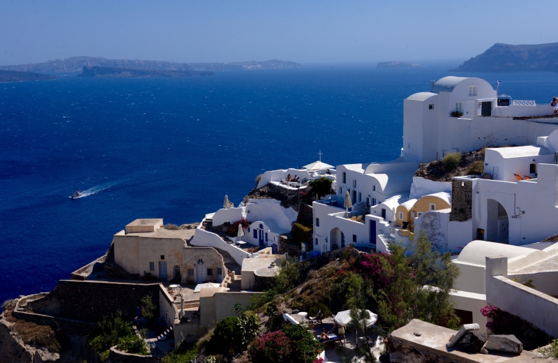 Santorini Greece White Houses on Cliff Overlooking Sea