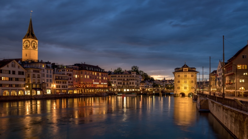 Zurich Limmat River Waterfront at Dusk