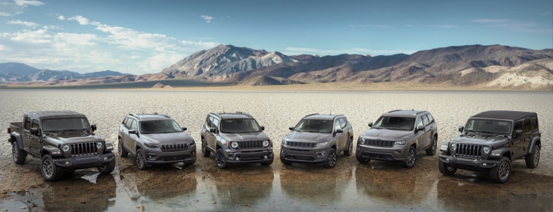 Jeep lineup including Wrangler, Gladiator, Cherokee, Compass, Renegade