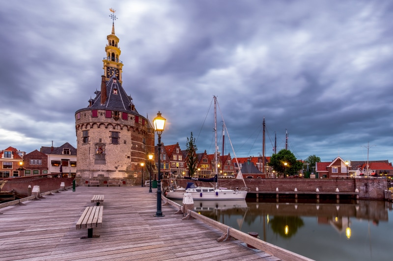 Hoorn, Netherlands: Tower, Marina, and Waterfront Buildings