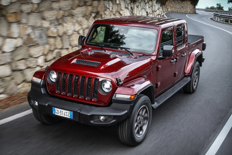 Red Jeep Gladiator 80th Anniversary Pickup Truck on Road
