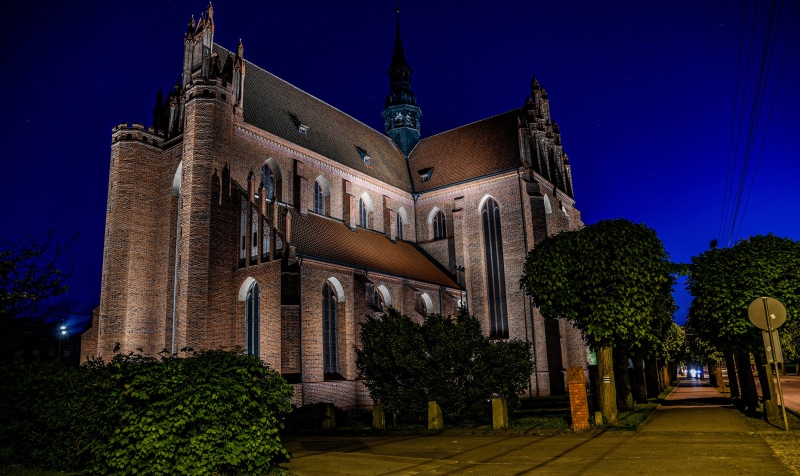 Pelplin Cathedral Basilica at night in Poland