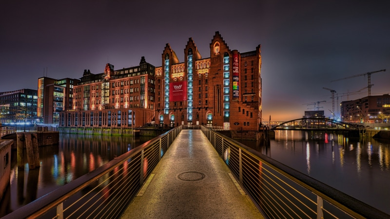 Hamburg Speicherstadt warehouse district at night