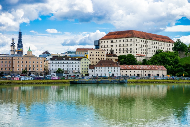 Linz Austria cityscape with Danube river and buildings