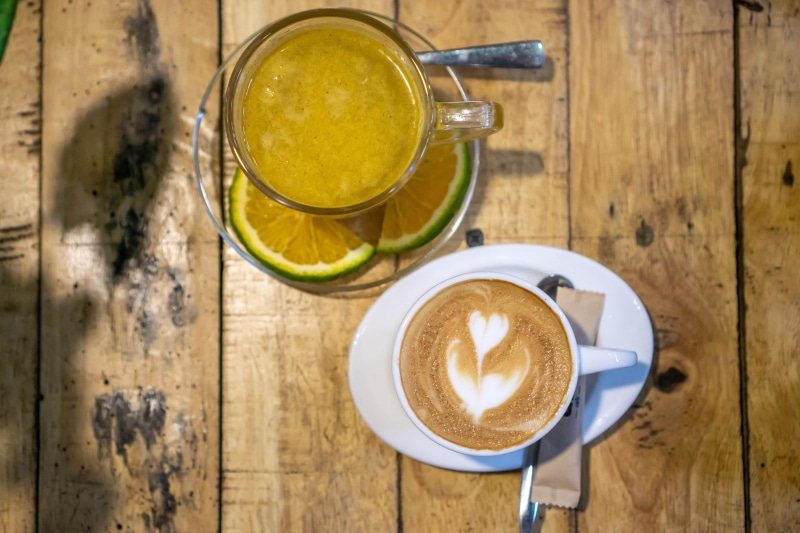 Two drinks on a wooden table