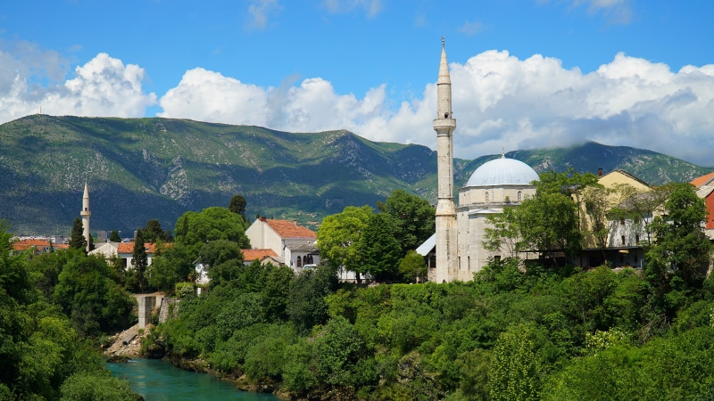 Mostar Mosque and Neretva River, Bosnia and Herzegovina