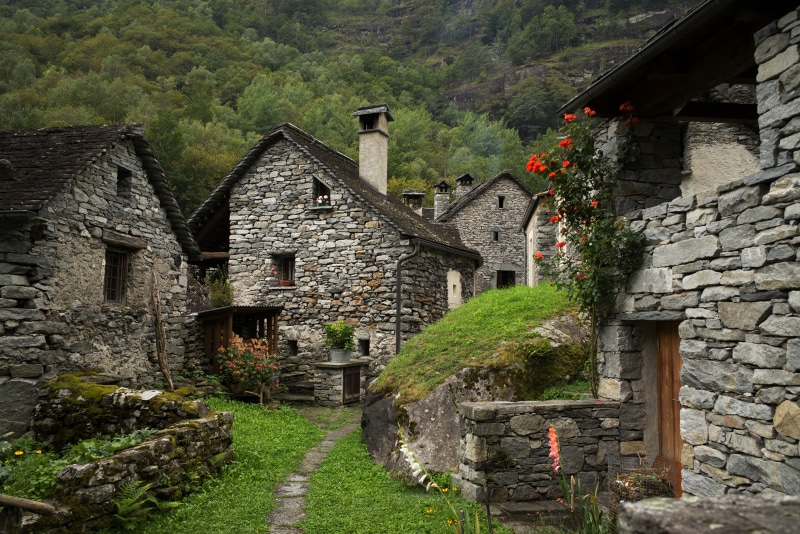 Stone houses in a village in the Alps, Ticino, Switzerland