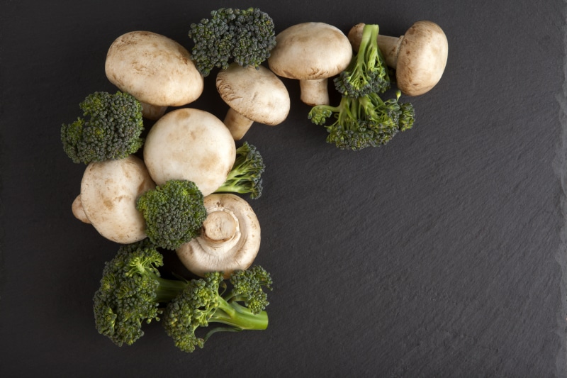 Mushrooms and Broccoli on Gray Background