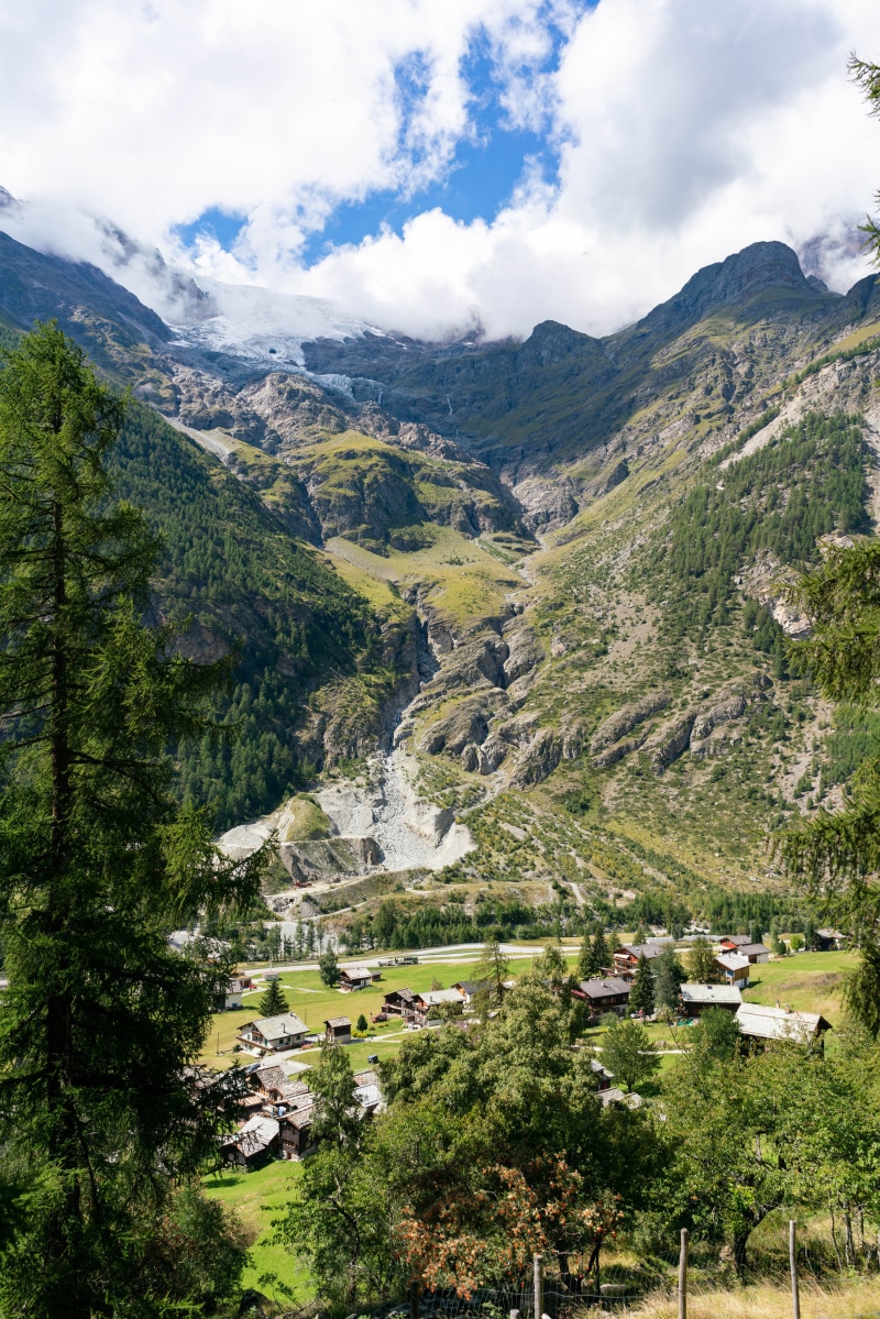 Village of Randa, Switzerland, with Glacier and Mountains