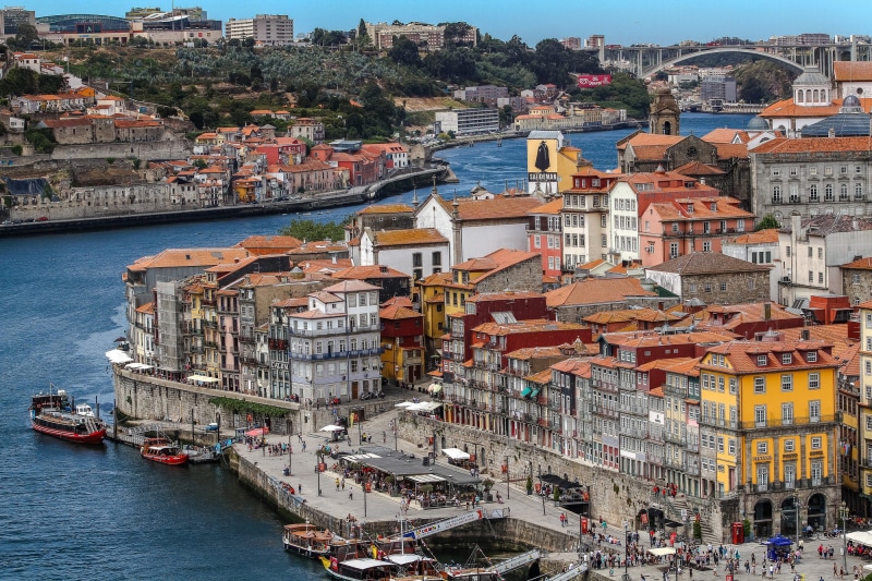 Porto, Portugal waterfront with colorful buildings and riverboats
