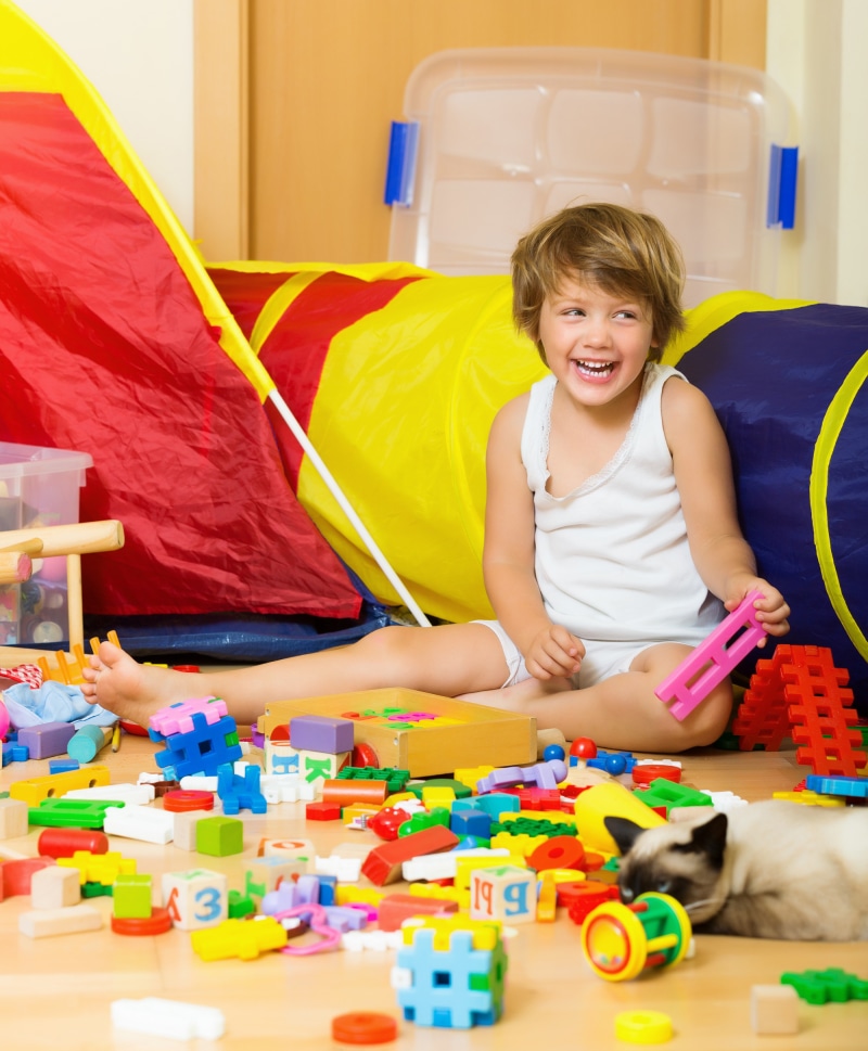 A happy child plays with toys and a cat