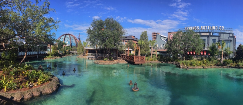Panorama of Disney Springs with the Springs Bottling Co. building