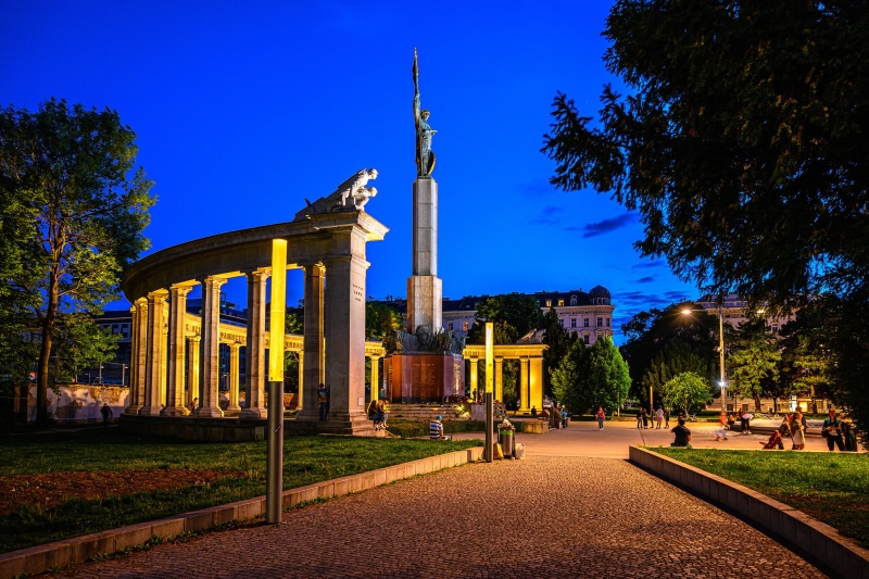 Soviet War Memorial in Vienna, Austria at dusk