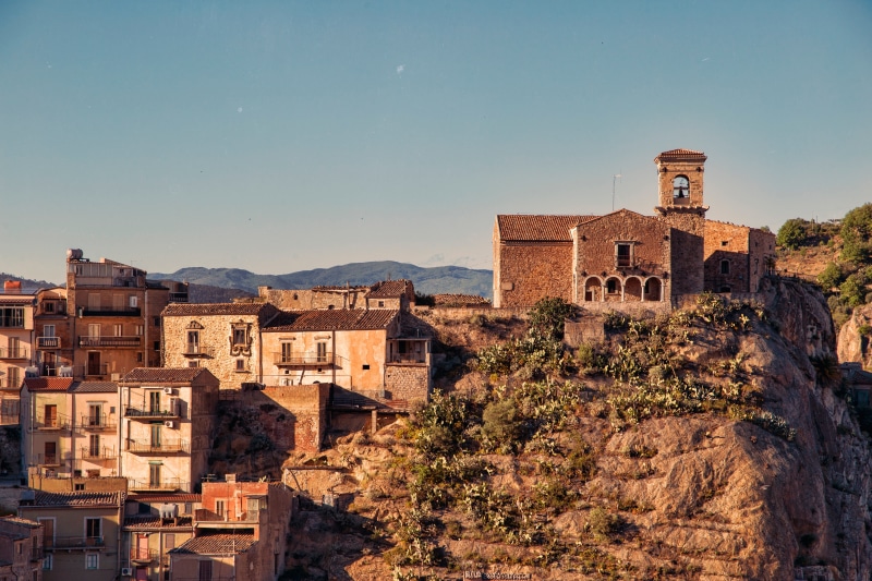 Houses and Church on a Rocky Crag in Sicily, Italy