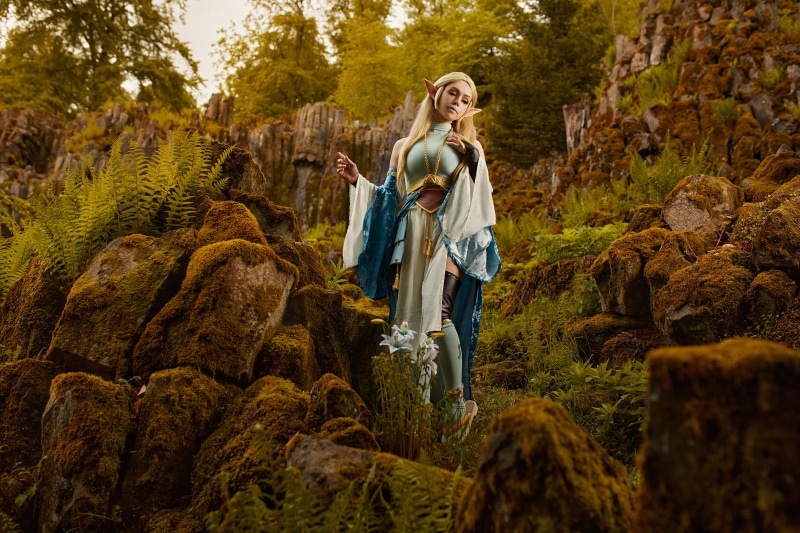 Zelda cosplay in a mossy forest