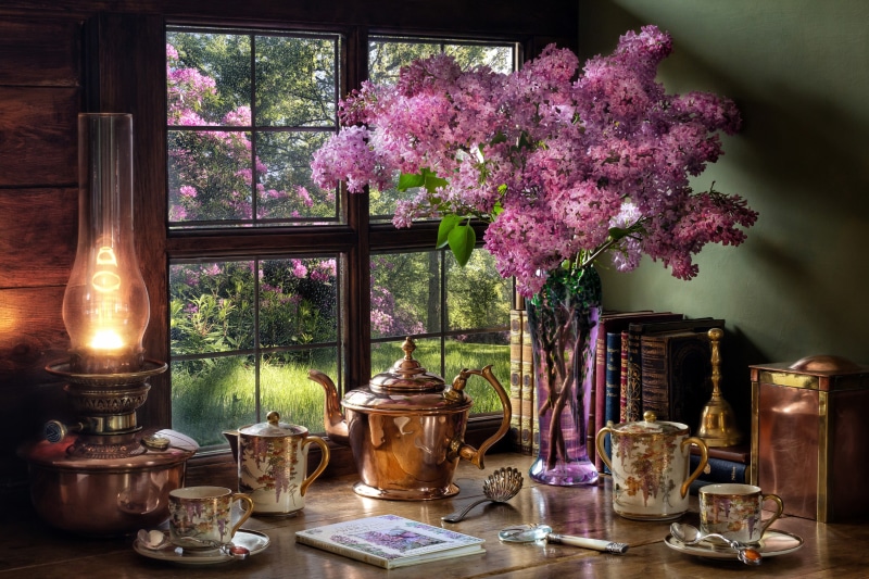 Still-life with Lilacs, Kettle, and Kerosene Lamp