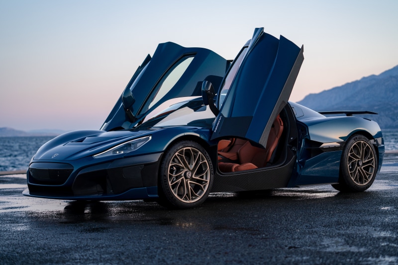 4K Blue Rimac Nevera with Doors Open