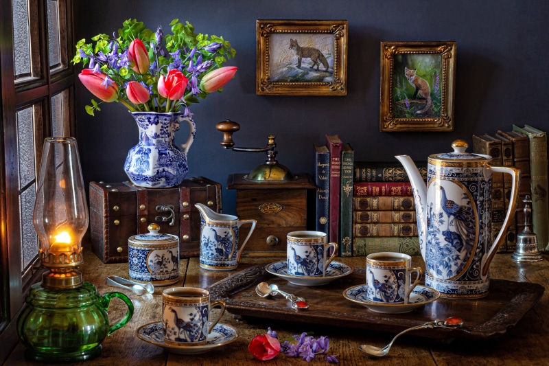 Still-life with Tulips, Coffee Set, and Kerosene Lamp