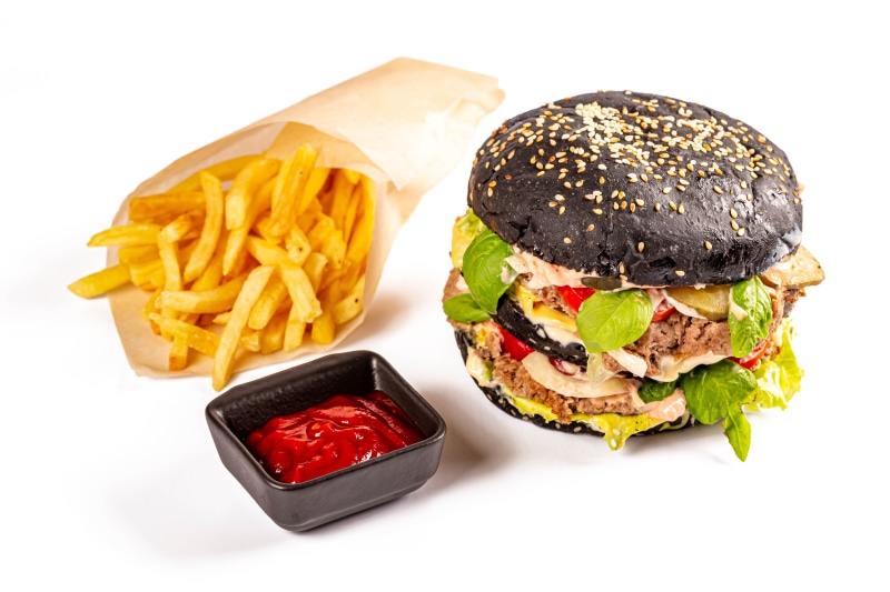 Hamburger with French fries and ketchup
