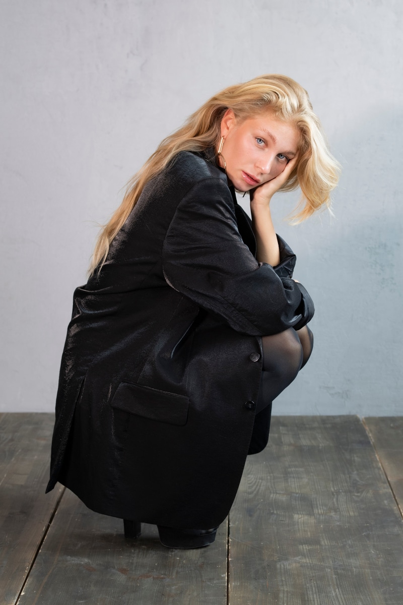 Blonde girl Sladjana posing in a black blazer