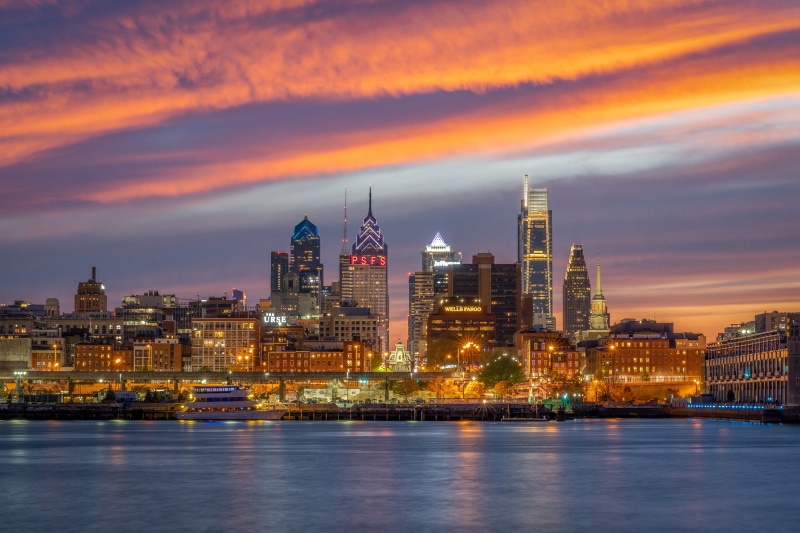 Philadelphia Skyline at Sunset over River