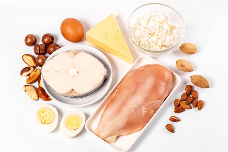 Assortment of Protein-Rich Foods: Chicken, Fish, Eggs, Cheese, Nuts, and Cottage Cheese
