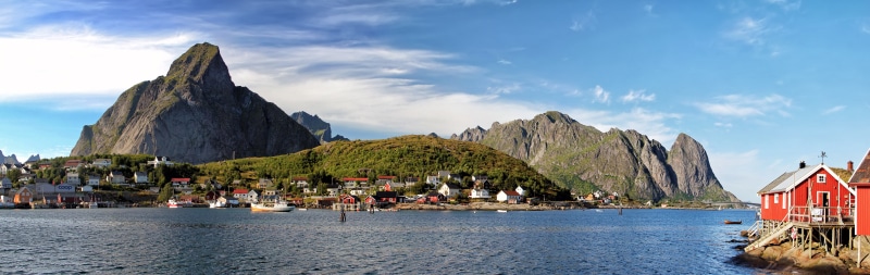 Panorama of Lofoten, Norway with Mountains and Houses