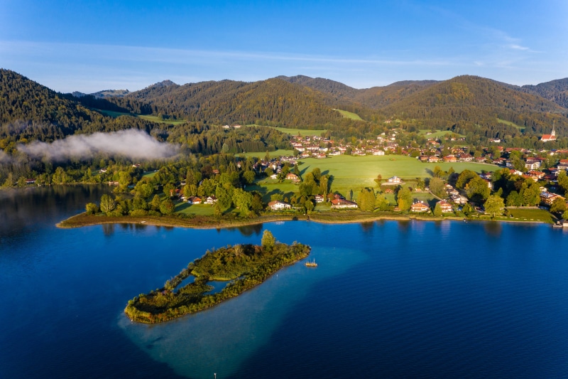 Island and village on a lake in Bavaria, Germany